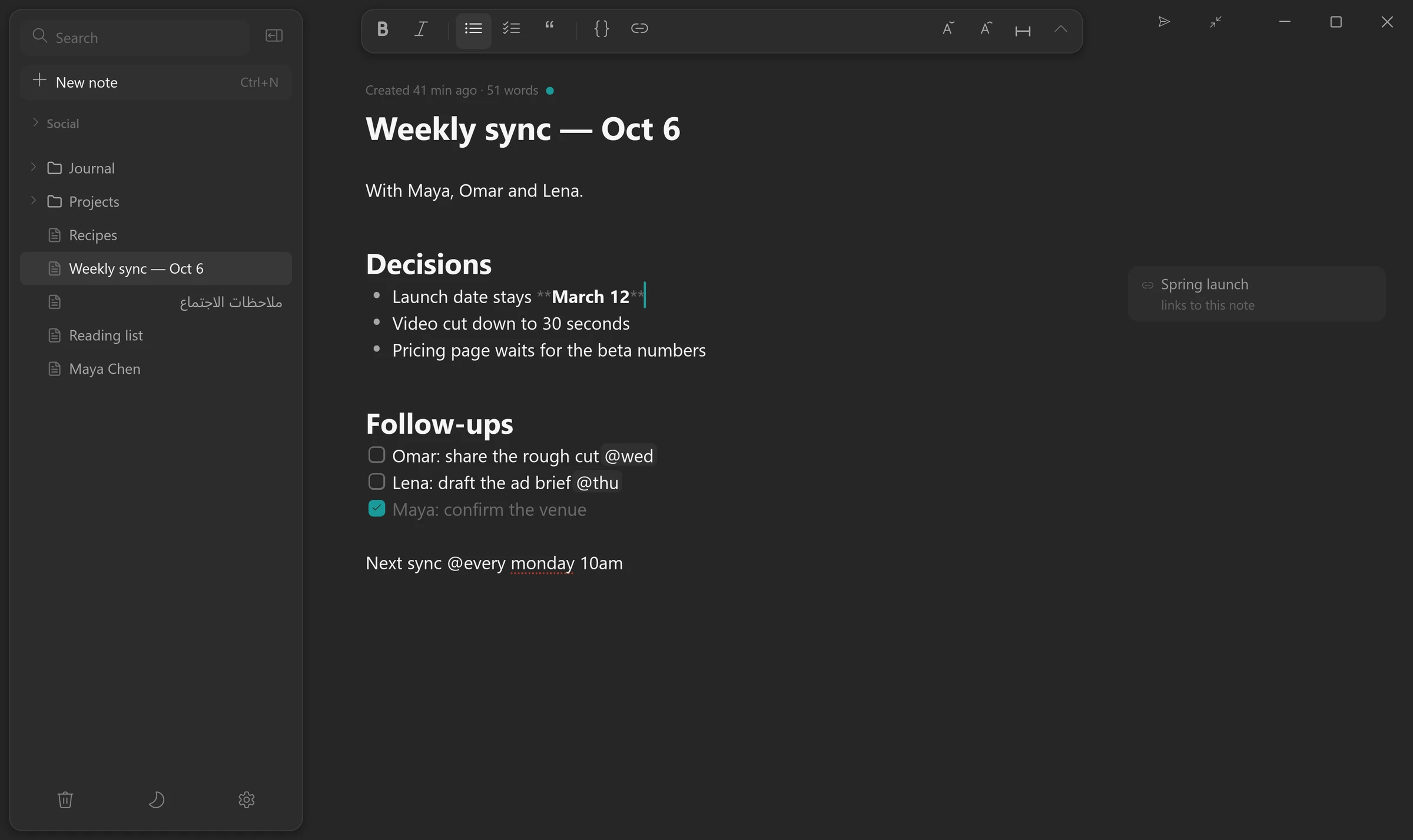 Live Markdown in the dark theme: the bold markers show only where the caret is